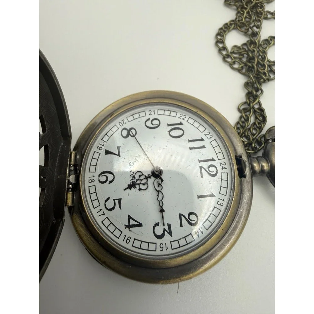 Steampunk Antique Bronze Unisex Quartz Pocket Watch Necklace Chain